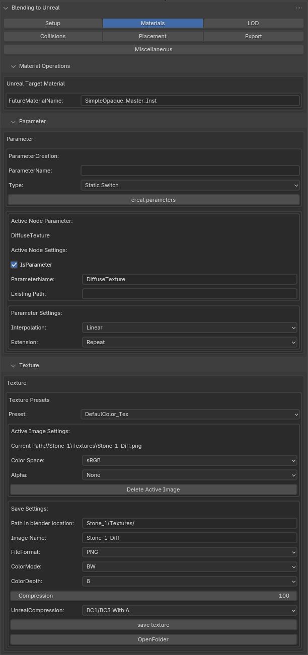 Blending to Unreal Materials tab with material, parameter and texture tools